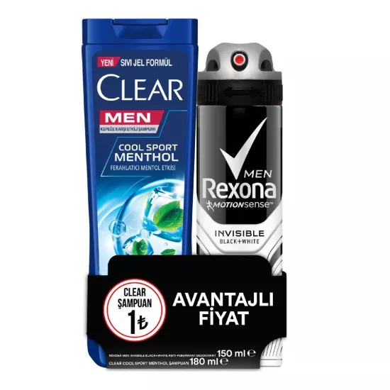 Rexona Men Invisible Black White Deodorant 150 ml + Clear Men Cool Sport Menthol Şampuan 180 ml