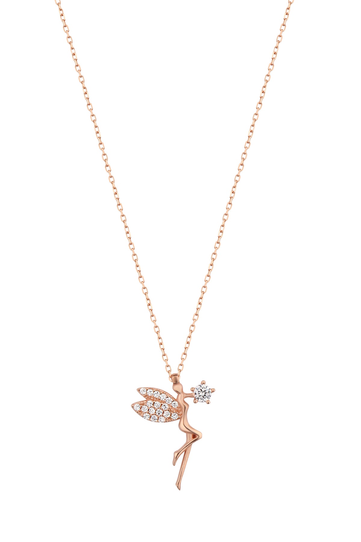 Beyaz Taşlı Melek Figürlü Gümüş Kolye ROSE