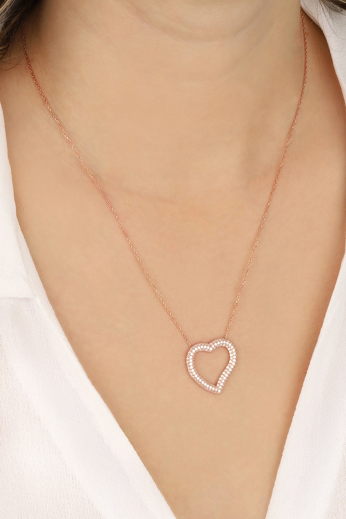 Beyaz Taşlı Büyük Kalp Gümüş Kolye RHODIUM-Rose
