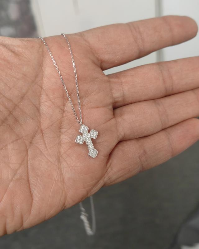 925 Ayar Beyaz Taşlı Haç Model Gümüş Kolye GOLD-Rose