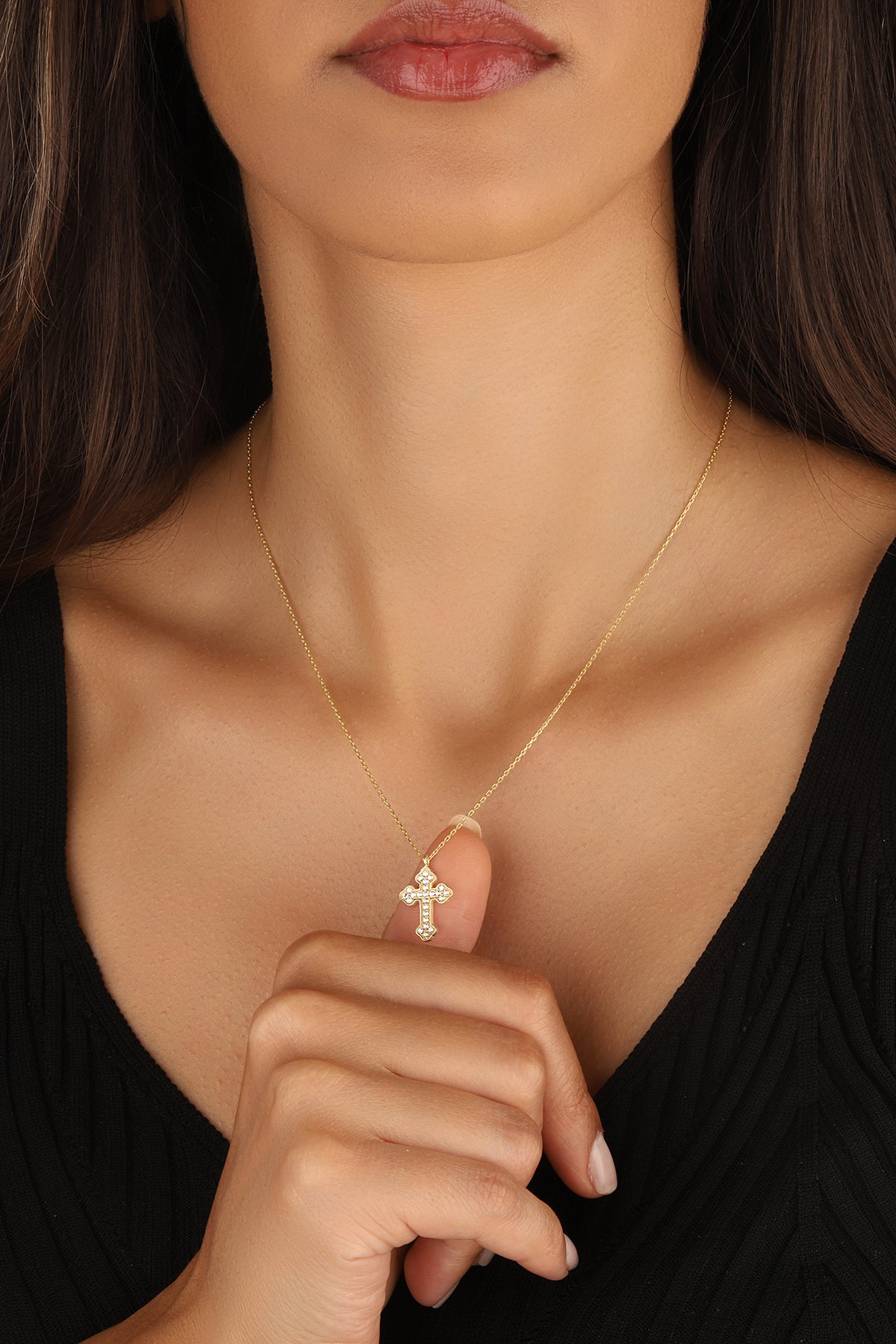 925 Ayar Beyaz Taşlı Haç Model Gümüş Kolye GOLD-Rose