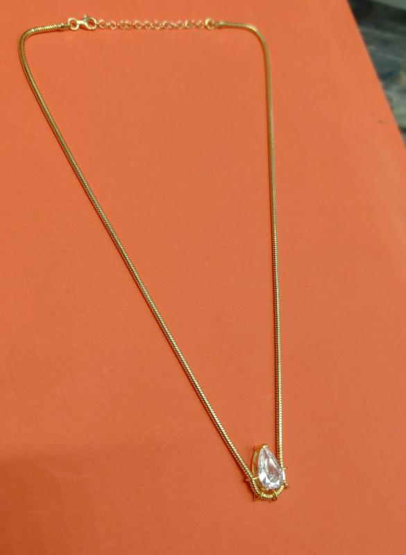 925 Ayar Gümüş Şık Tek Taş Kolye İtalyan Zincirle Gold Round Stone