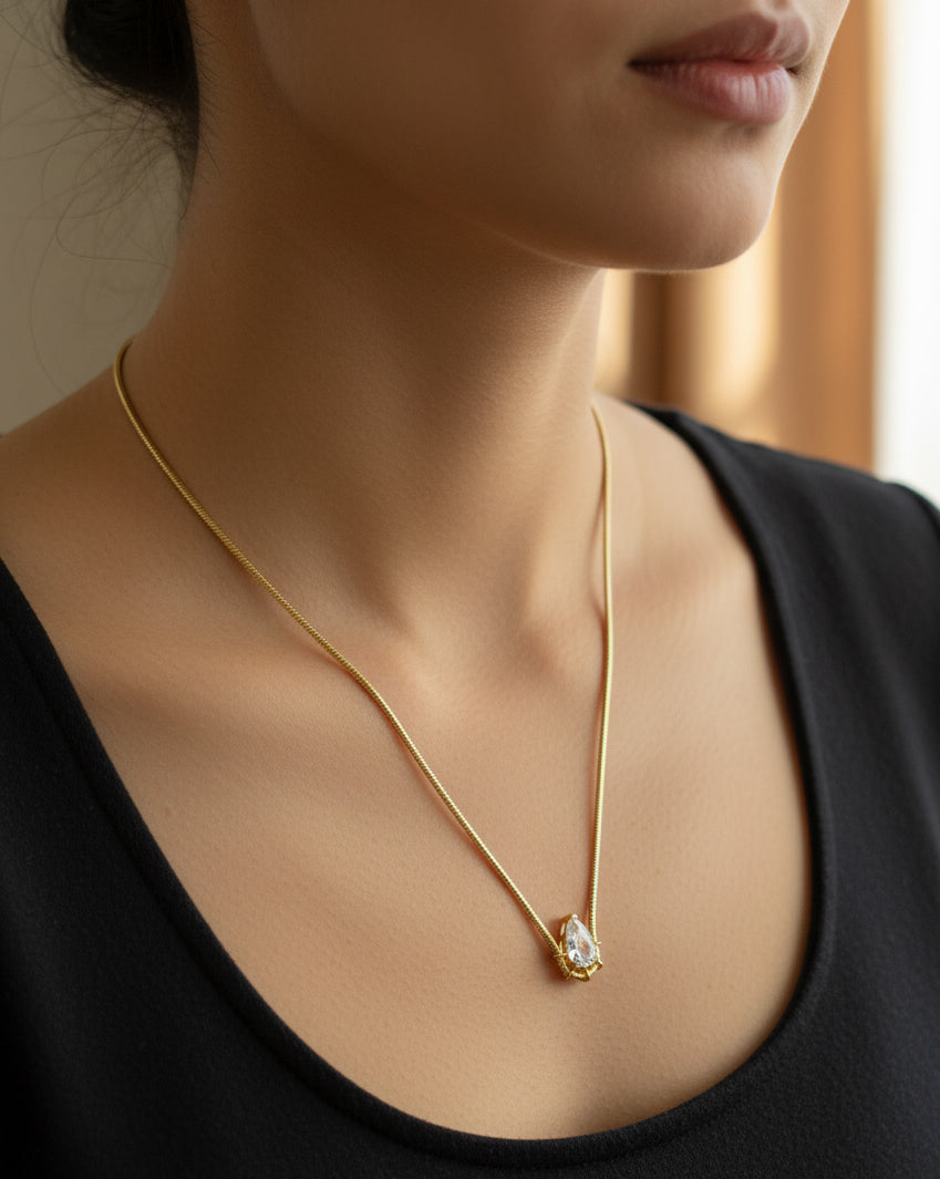 925 Ayar Gümüş Şık Tek Taş Kolye İtalyan Zincirle Gold Round Stone