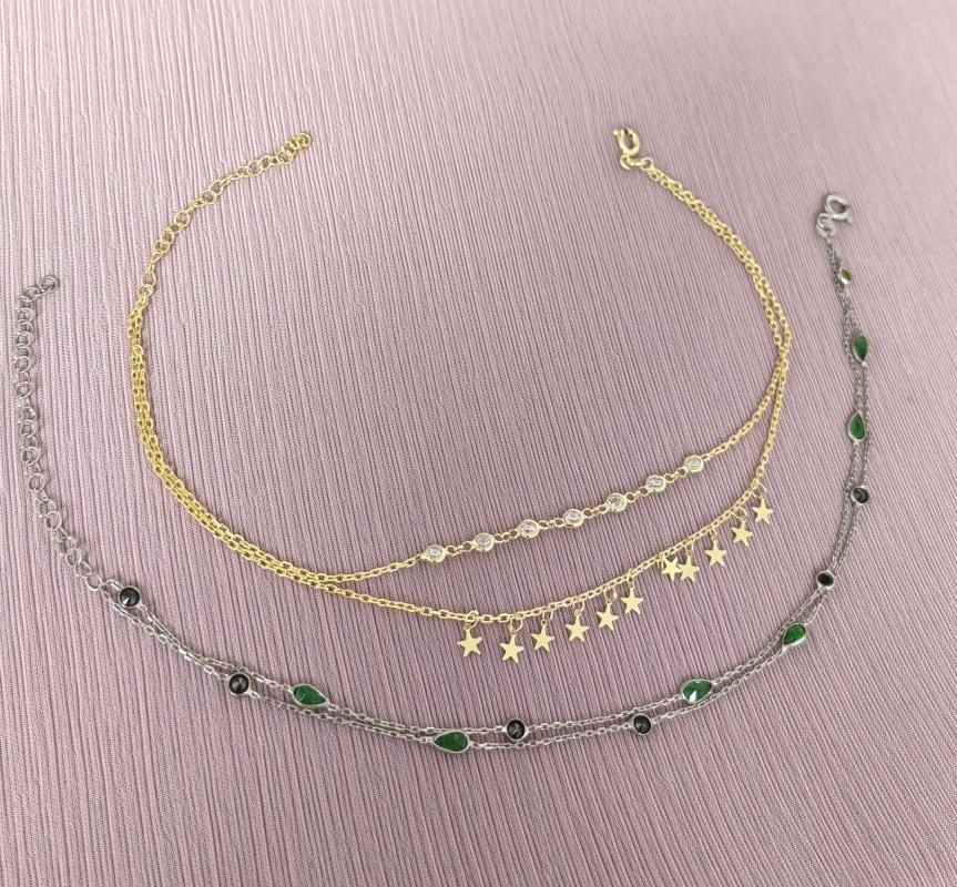 İki Sıra Gümüş Taşlı ve Yıldızlı Halhal - Rodyum