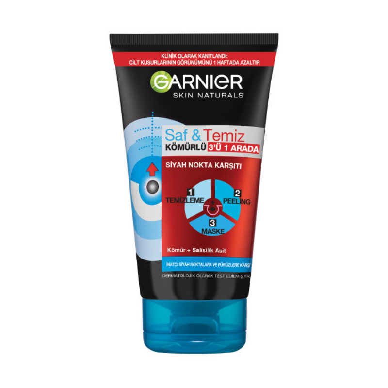 Garnier Saf Temiz Kömürlü 3’ü 1 Arada Siyah Nokta Karşıtı Maske 150 ml