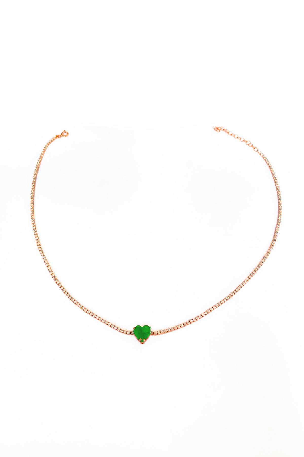 Renkli Taşlı Kalpli Su Yolu Zincirli Gümüş Choker