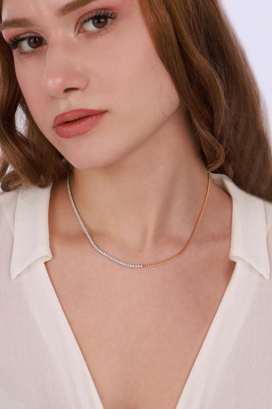 Yarısı Suyolu Yarısı Gurmet Zincir Çift Renkli Choker Gümüş Kolye