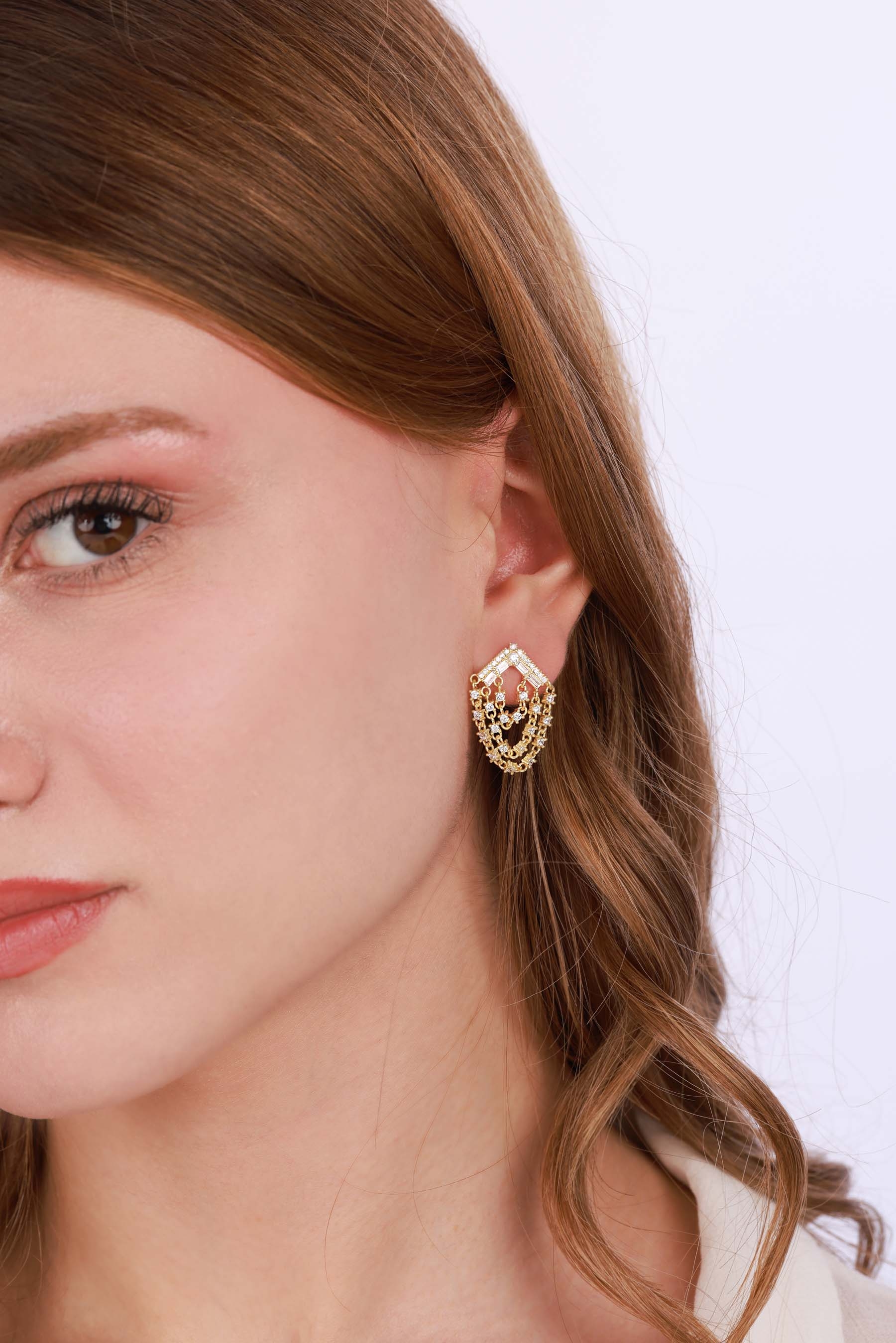 Beyaz Taşlı Sallantılı Gümüş Küpe - Rose Renk