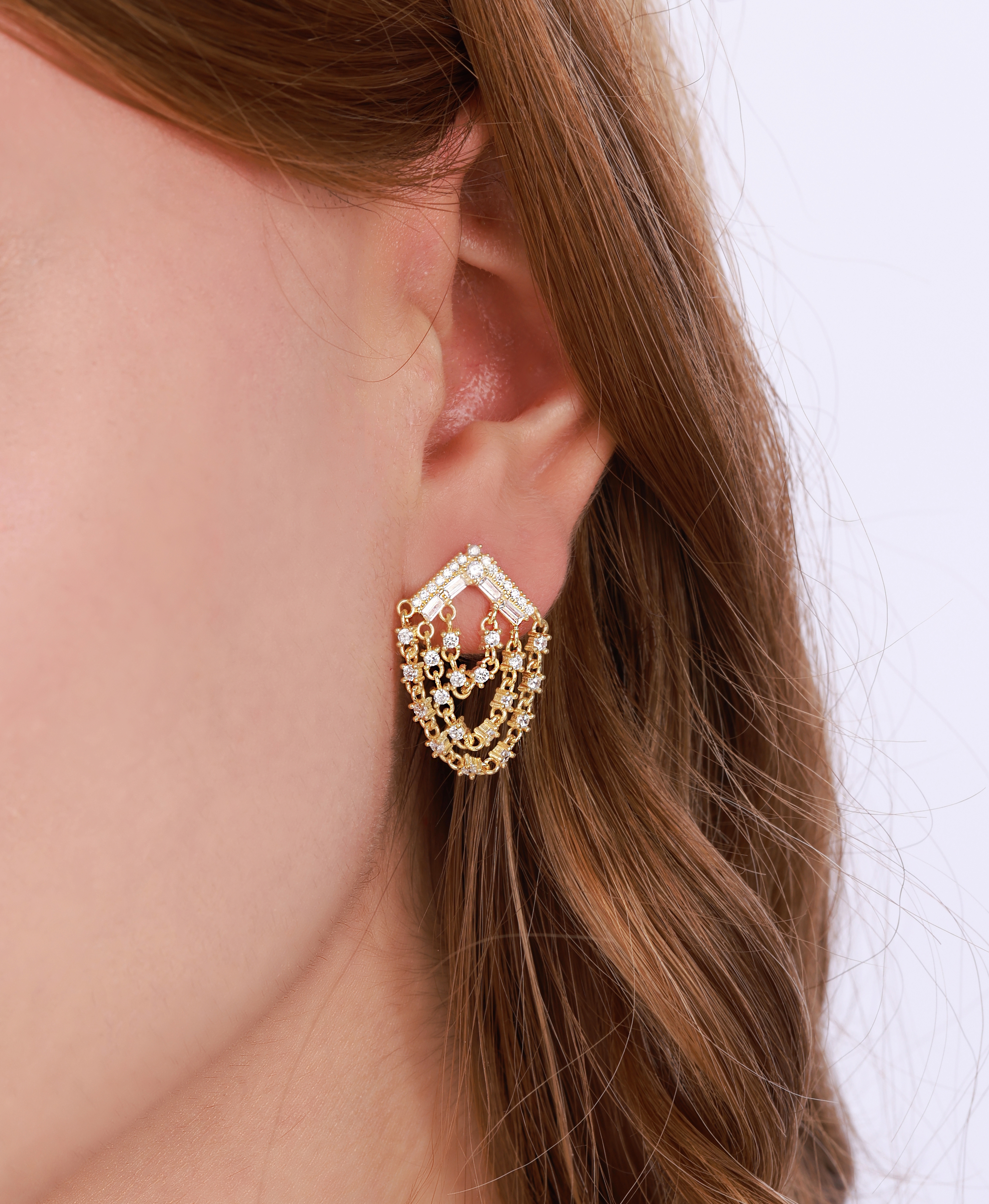 Beyaz Taşlı Sallantılı Gümüş Küpe - Rose Renk