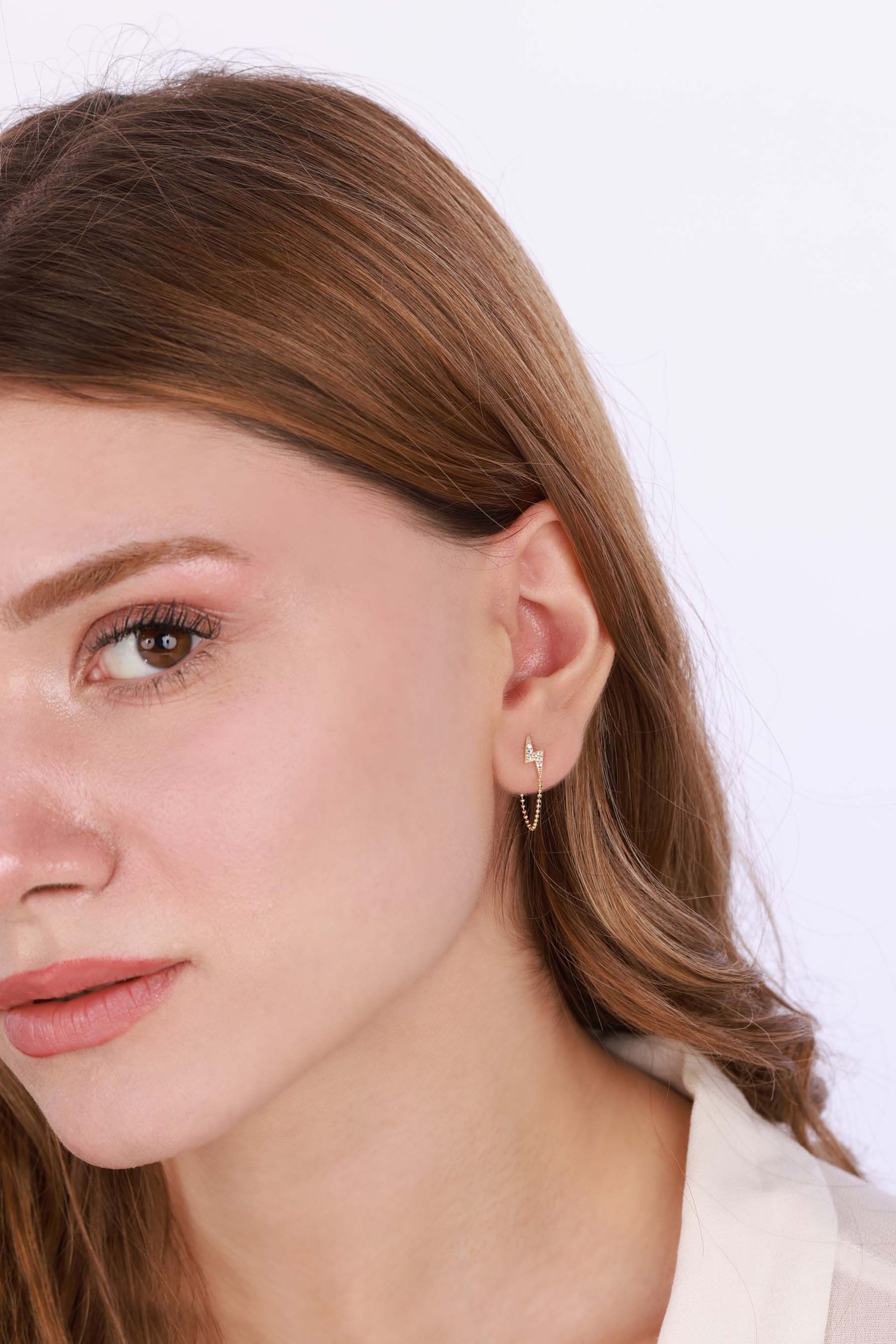 Şimşek Motifli Zincirli Gümüş Küpe - Rose Renk