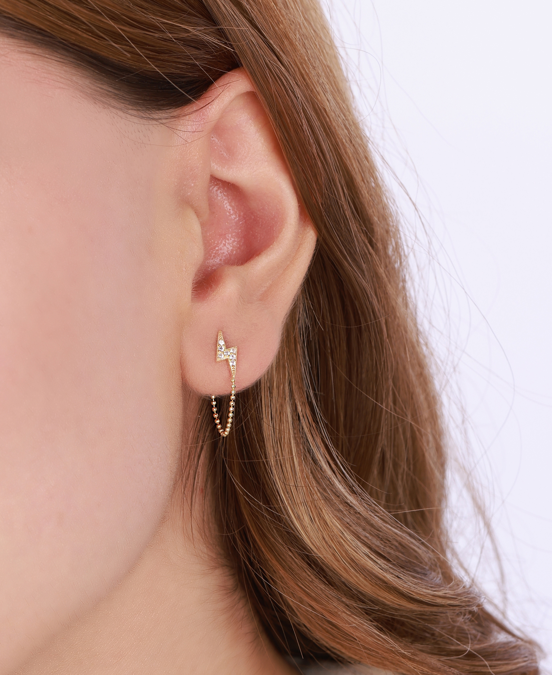 Şimşek Motifli Zincirli Gümüş Küpe - Rose Renk