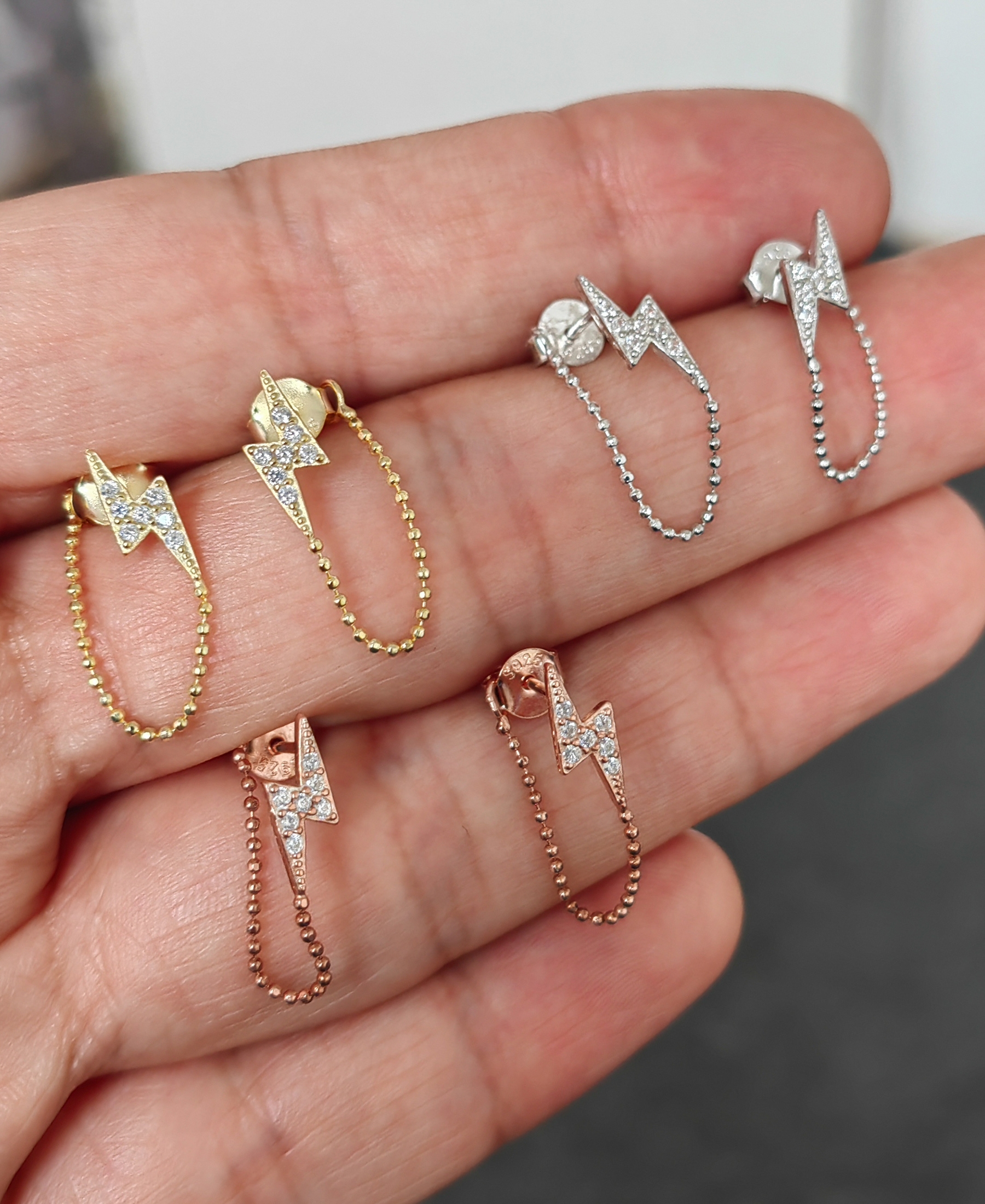 Şimşek Motifli Zincirli Gümüş Küpe - Rose Renk