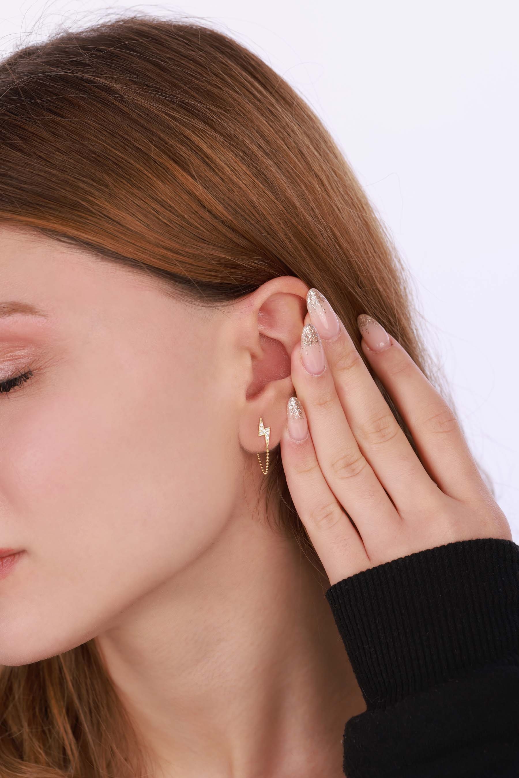 Şimşek Motifli Zincirli Gümüş Küpe - Rose Renk