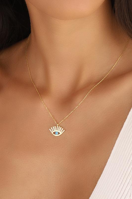 Ortası Turkuaz Taşlı Göz Gümüş Kolye