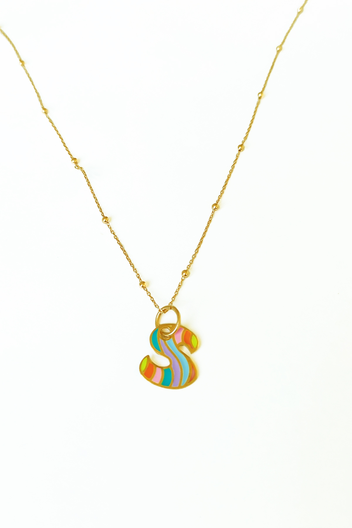 Gökkuşağı Renkli Mineli Taşsız Gümüş Harf Kolye - Rodyum - S