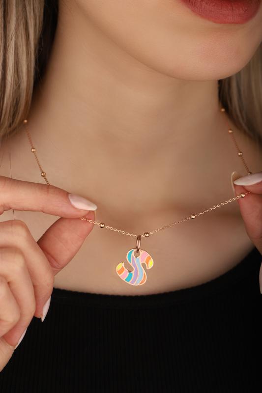 Gökkuşağı Renkli Mineli Taşsız Gümüş Harf Kolye - Rodyum - S