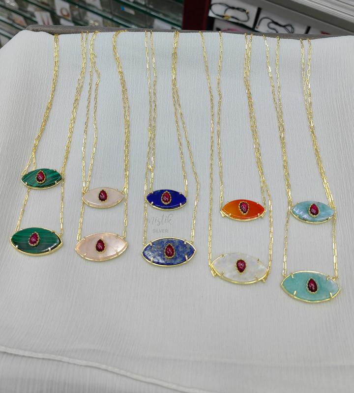 Doğal Taşlı Büyük Boy Göz Gümüş Kolye