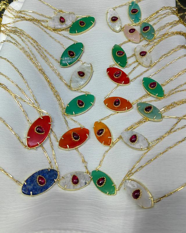 Doğal Taşlı Büyük Boy Göz Gümüş Kolye