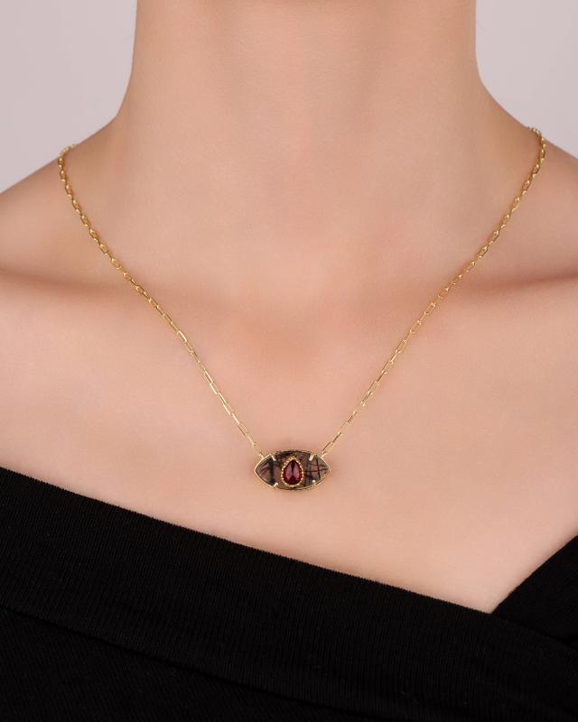 Doğal Taşlı Orta Boy Göz Gümüş Kolye