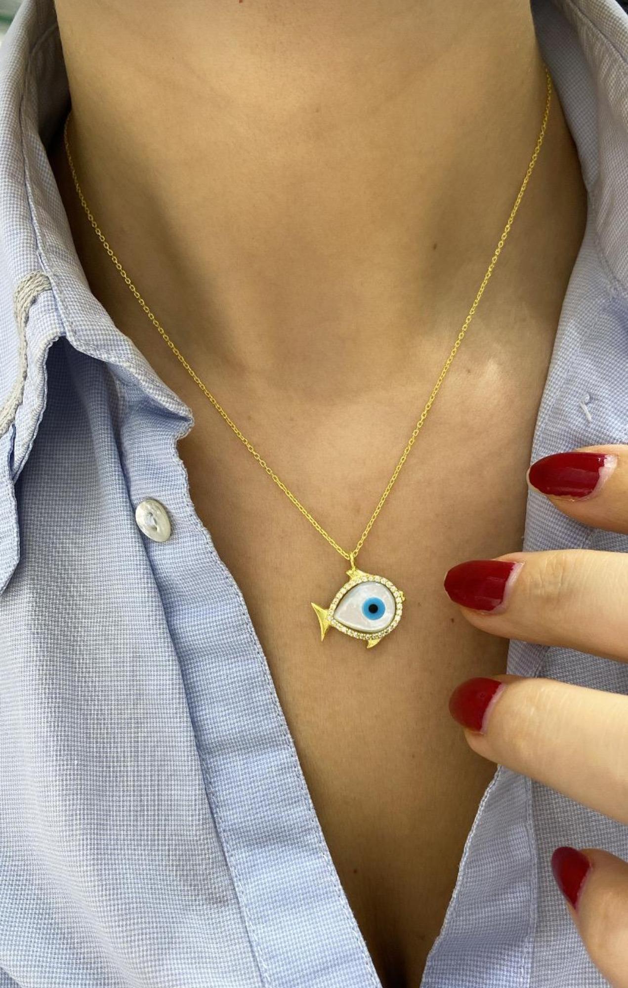 Opal Taşlı Balık Gümüş Kolye - Gold Renk