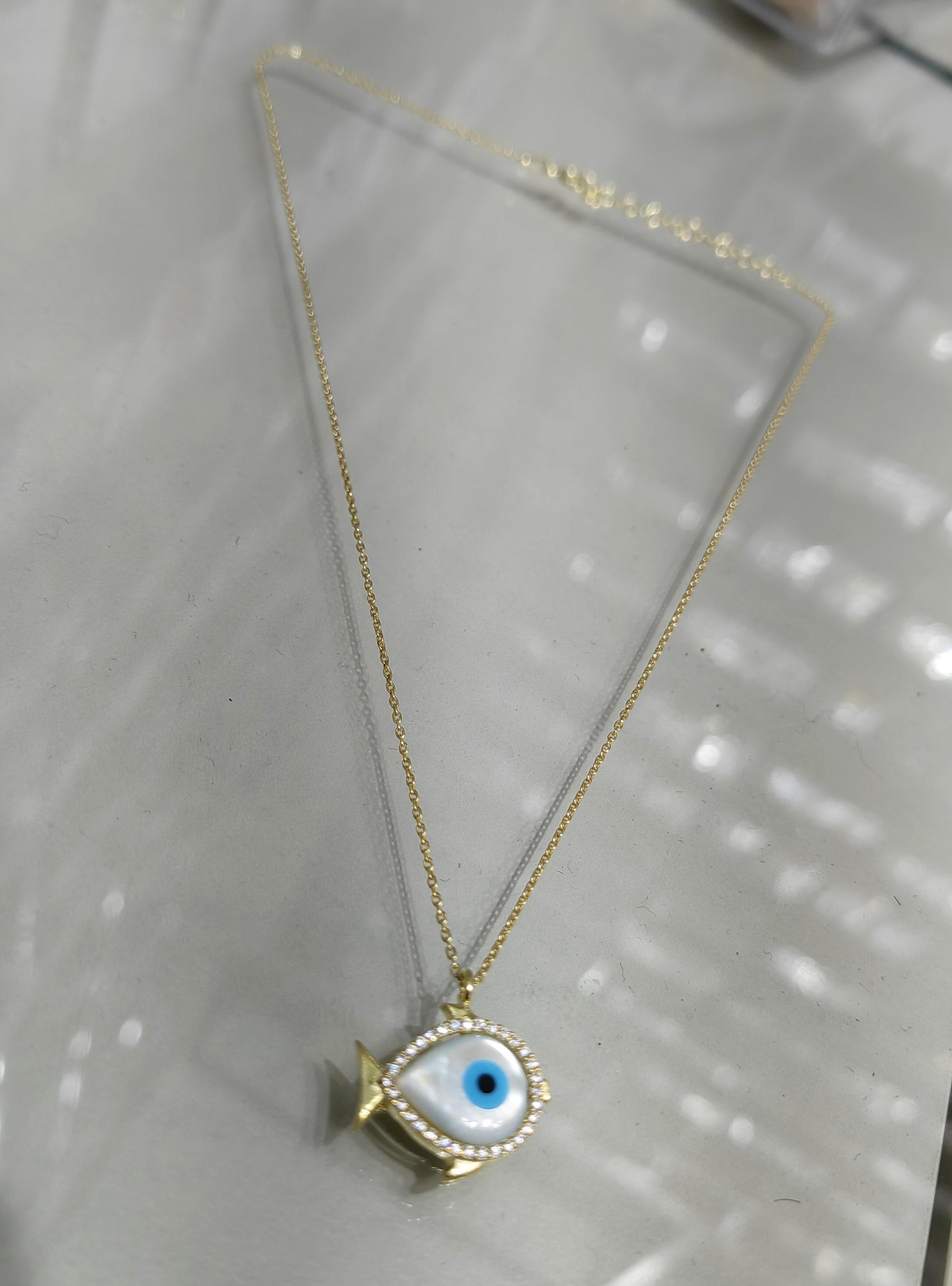 Opal Taşlı Balık Gümüş Kolye - Gold Renk