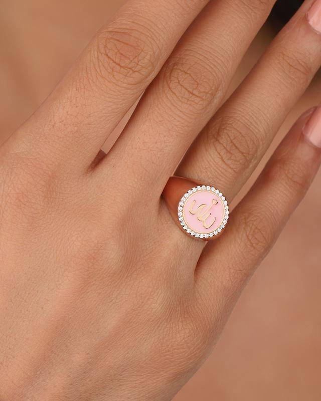 Pembe Mineli Arapça Allah Yazılı Gümüş Yüzük
