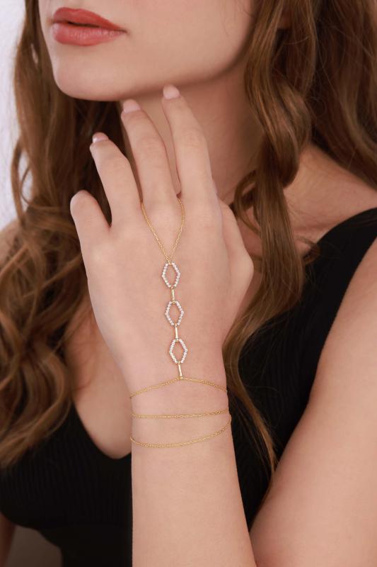 3 Sıra Altıgen Modeli Gümüş Şahmeran Bileklik - Gold Renk