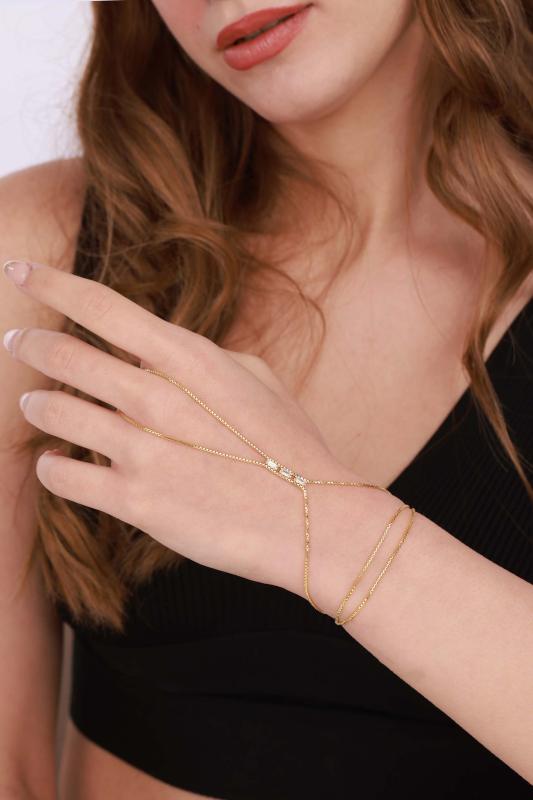 Baget Taşlı Kutu Zincirli Gümüş Şahmeran Bileklik - Gold Renk
