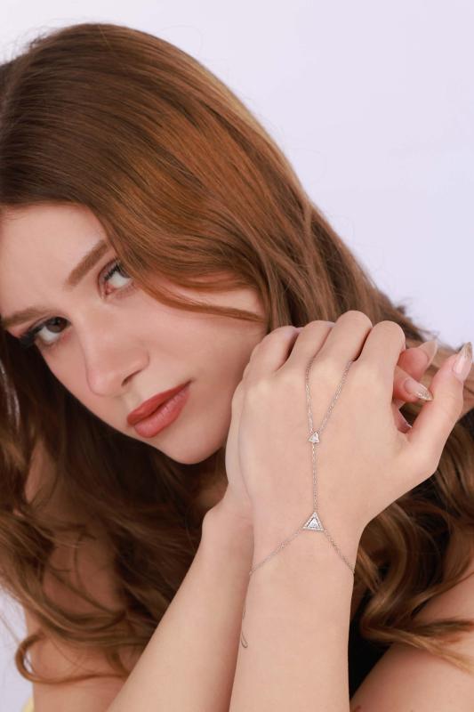 Üçgen Baget Taşlı Gümüş Şahmeran Bileklik - Rose Renk