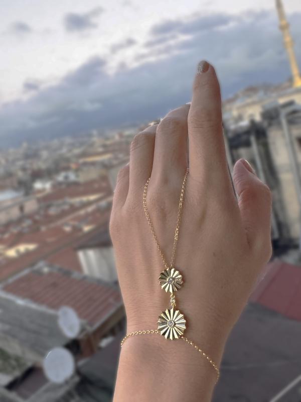 Taşsız İkili Papatya Desenli Gümüş Şahmeran Bileklik - Rodyum
