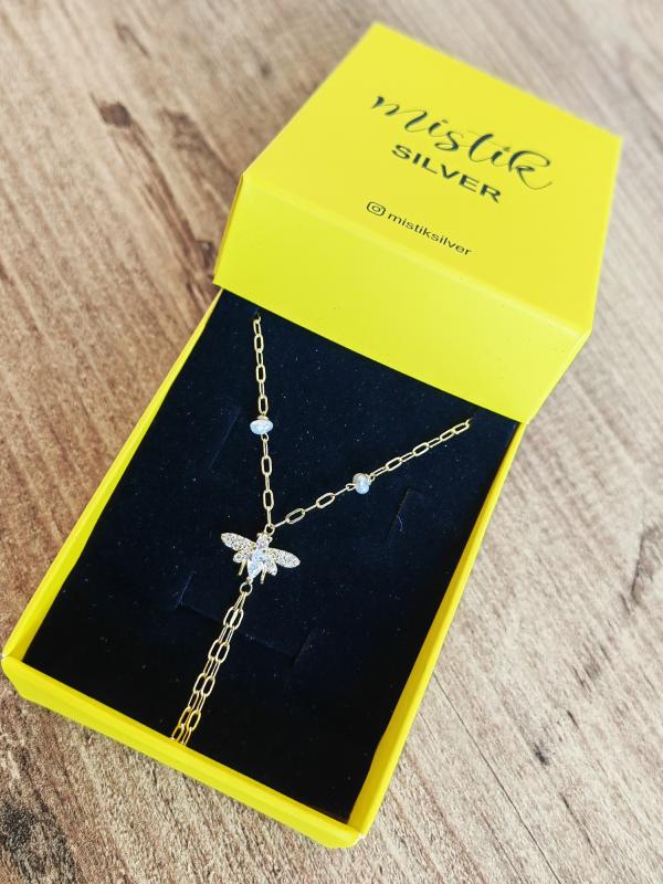 Doğal İnci ve Yusufçuk Motifli Gümüş Şahmeran – Zarif Bileklik - Gold Renk