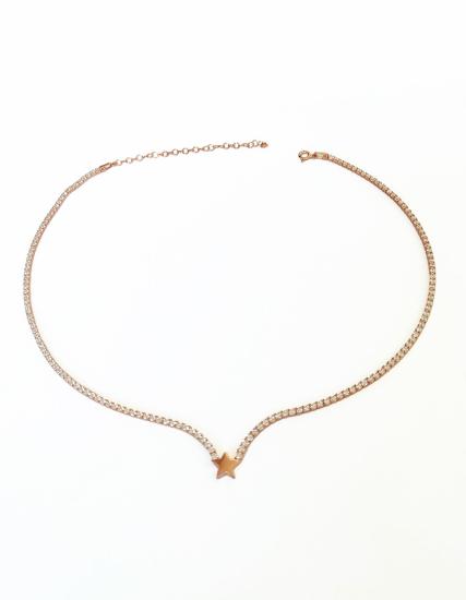 Yıldız Detaylı 925 Ayar Gümüş 2 mm Suyolu Kolye – CZ Taşlı Rose Gold GOLD