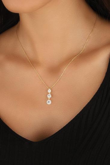 Dikey Üç Taşlı Gümüş Kolye – 925 Ayar Minimal Zarif Kadın Kolyesi GOLD