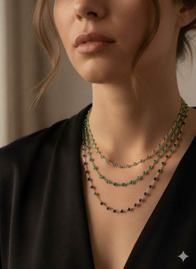 Çok Renkli Doğal Taş Görünümlü Gümüş Kolye – 925 Ayar Şık ve Bohem Tasarım Gold Green 60 cm (24 inches)