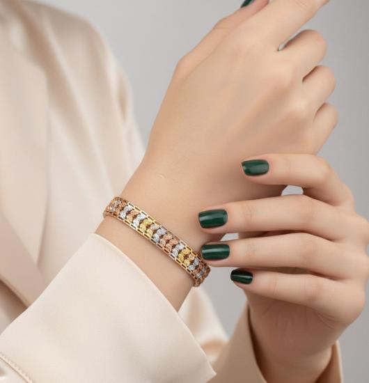 14 Ayar Altın Zarif Üç Renkli Bileklik – Gümüş, Altın ve Rose Gold Tonlu Takı 16 cm