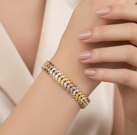 14 Ayar Altın Zarif Üç Renkli Bileklik – Gümüş, Altın ve Rose Gold Tonlu Takı 16 cm