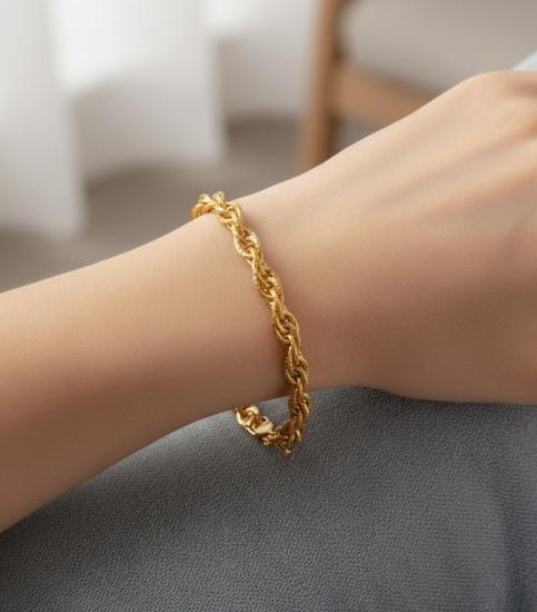 14 Ayar Altın Burgulu Halat Model Bileklik – Hafif İçi Boş Zincir Unisex Takı 16 cm