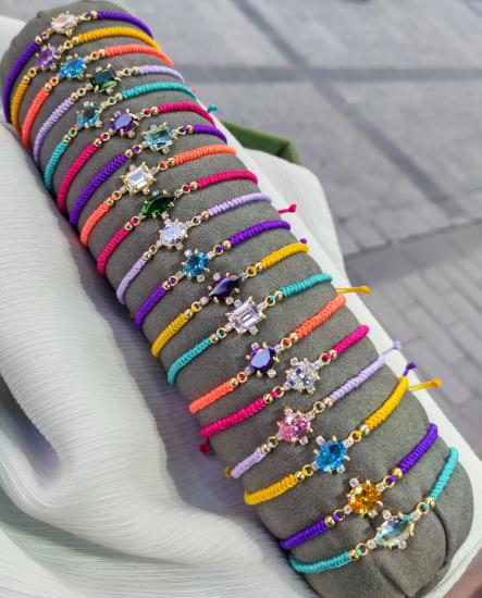 Renkli Taşlı Pembe Renkli İpli Gümüş Bileklik