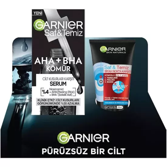 Garnier Saf Temiz Aha+Bha Kömür Cilt Kusurları Karşıtı Serum 30 ml+ Kömürlü 3’ü 1 Arada Siyah Nokta Karşıtı Maske 50 ml