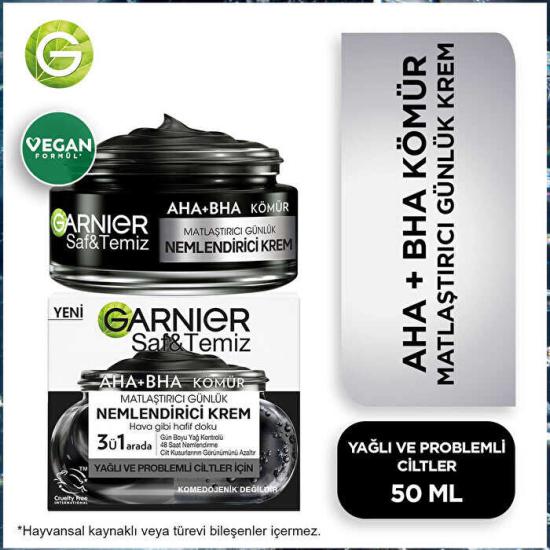 Garnier Saf Temiz AHA+BHA Kömür Matlaştırıcı Günlük Nemlendirici Krem 50 ml