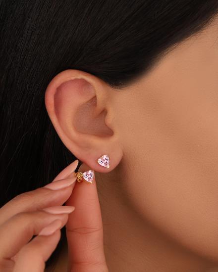 Pembe Taşlı Mink Kalp Gümüş Küpe