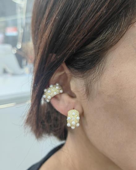 İncili Elegance Kalın Gümüş Halka Küpe - Gold Renk