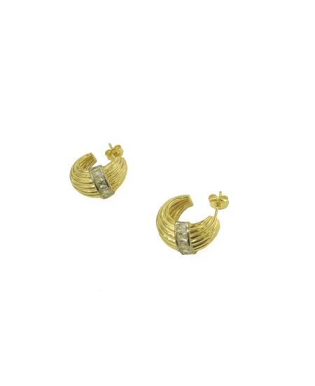 Yarım Ay Desenli Gümüş Küpe, Baget Taşlarla - Gold Renk