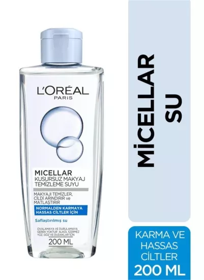 Loreal Paris Micellar Kusursuz Normalden Karmaya Hassas Ciltler için Makyaj Temizleme Suyu 200 ml