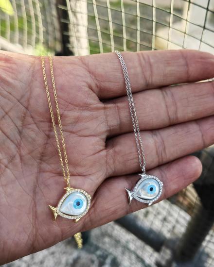 Opal Taşlı Balık Gümüş Kolye - Gold Renk