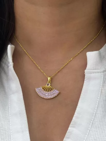 El Yapımı 925 Ayar Gümüş Kolye | Renkli Mine Detaylı Kadın Takısı - Altın Rengi