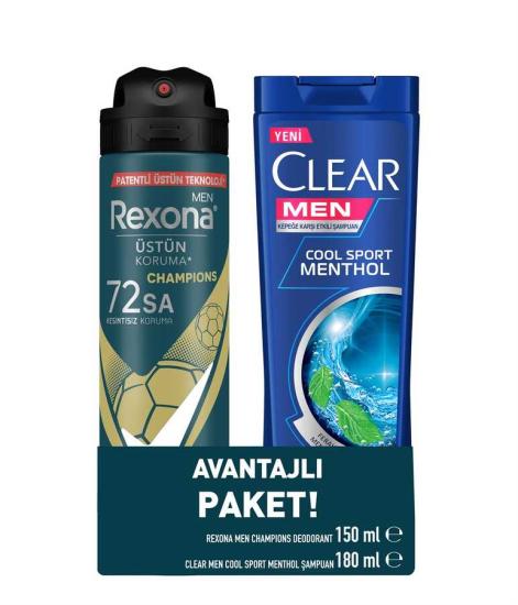 Rexona Men Champions Deodorant 150 ml + Clear Men Cool Sport Menthol Şampuan 180 ml