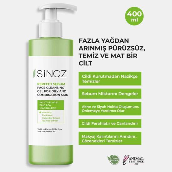 Sinoz Perfect Sebum Dengeleyici Yüz Temizleme Jeli Yağlı Karma Ciltler İçin 400 ml
