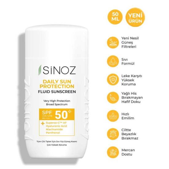 Sinoz Spf50+ Günlük Kullanım Sıvı Güneş Kremi - Yeni Nesil Güneş Filtreleri ile Hibrit Formül 50 ml