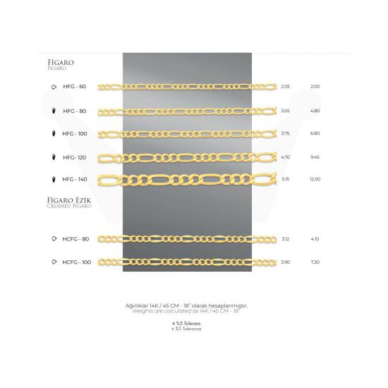 Figaro Zincir 14 Ayar Gerçek Altın Zincir Kolye - Kalınlık: 3.75 mm -  (585 Damgalı)